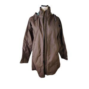 REI Women's Jacket Fleece Lined Mid Length Hooded Small Coat Taupe Brown Zip